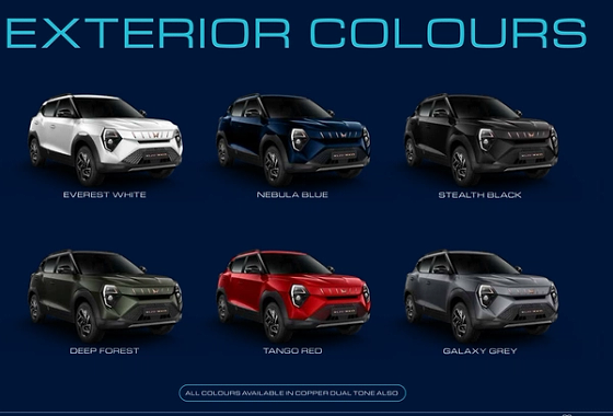 Mahindra XUV 3XO EV, Six exterior colours: Everest White, Nebula Blue, Stealth Black, Deep Forest, Tango Red and Galaxy Grey: with copper dual-tone option