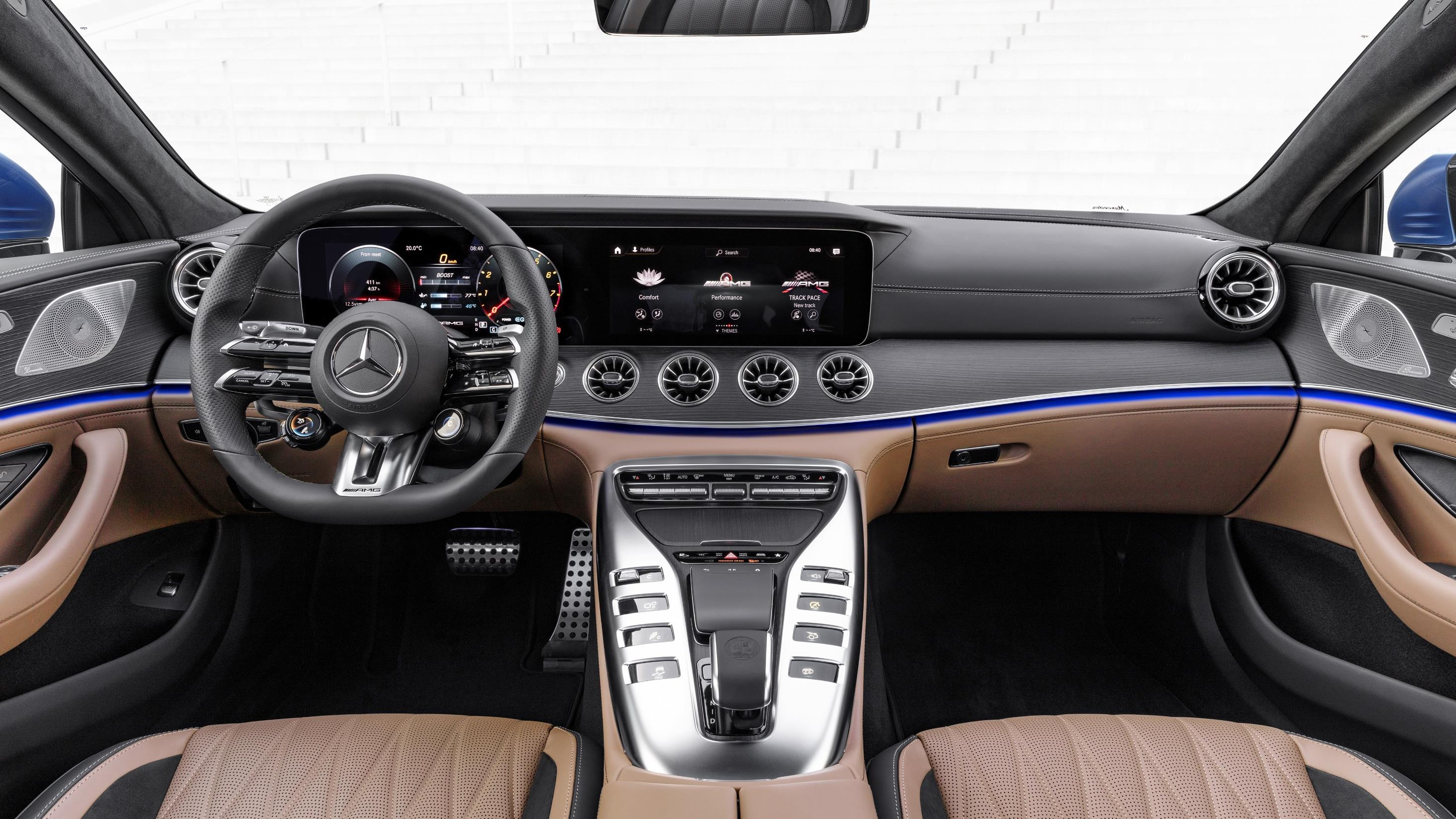 Mercedes-Benz Mercedes-AMG GT 63 S E Performance — AMG widescreen cockpit pairing the digital driver display with a central MBUX touchscreen.