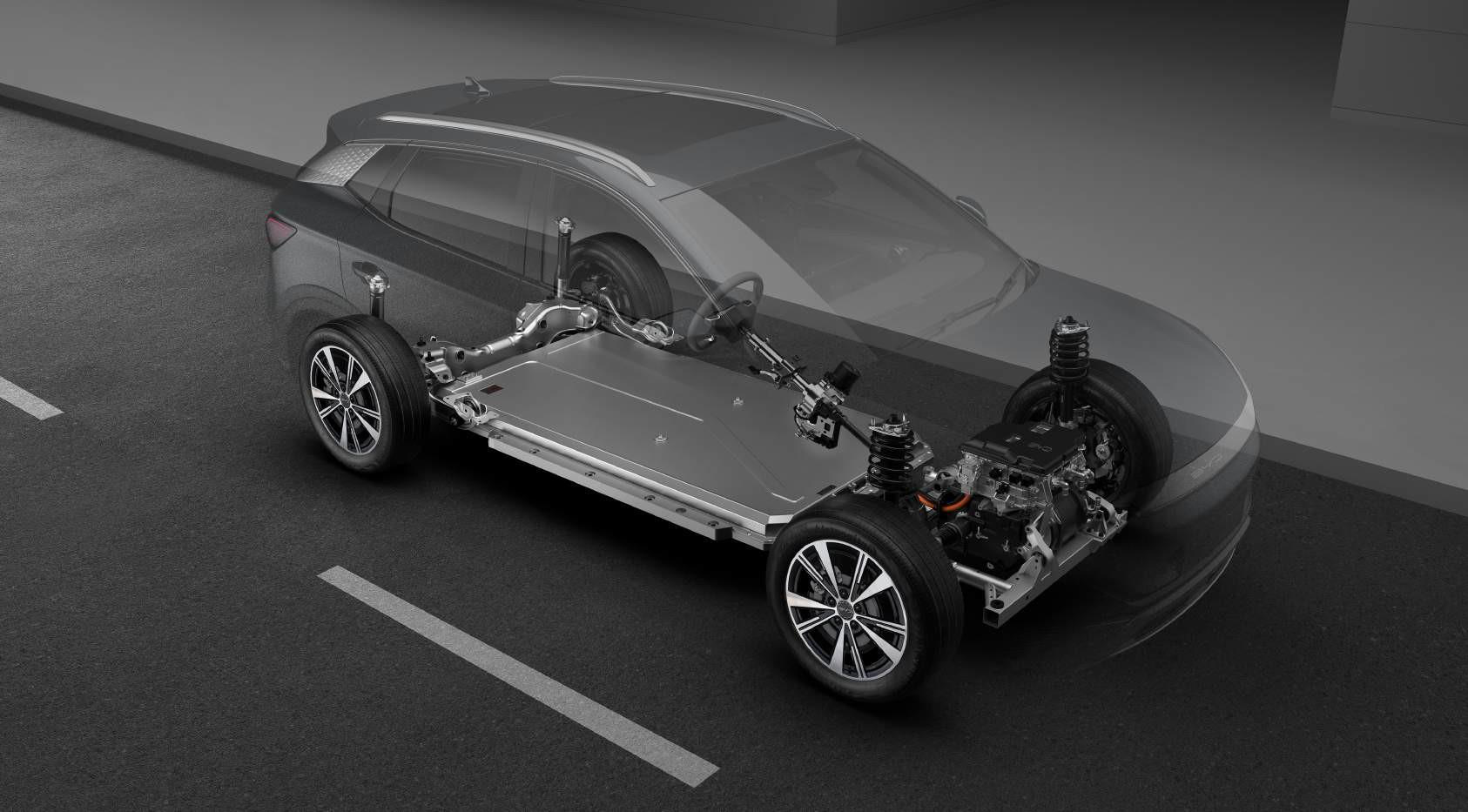 BYD Atto 3 — e-Platform 3.0 skateboard chassis with the Blade Battery integrated into the floor