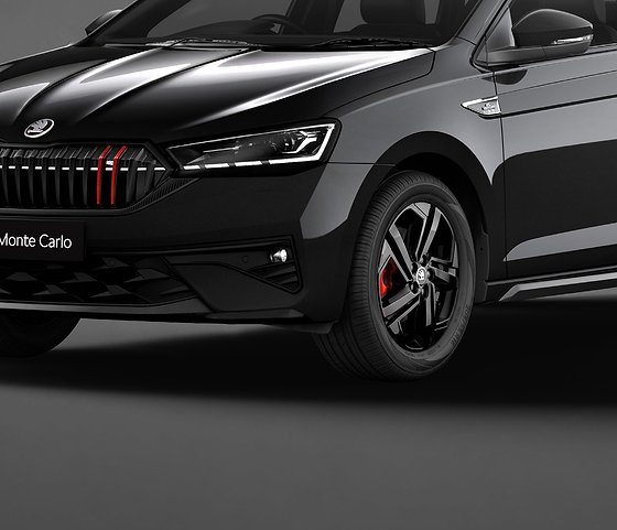 Skoda Slavia, New R16 black alloy wheels with sporty red brake calipers on the Monte Carlo