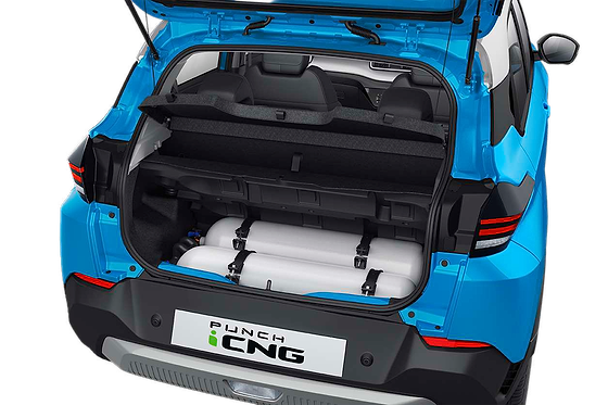 Tata Punch, Twin-cylinder iCNG: 60-litre CNG cylinders hidden beneath the boot floor, keeping 210 L usable bootspace