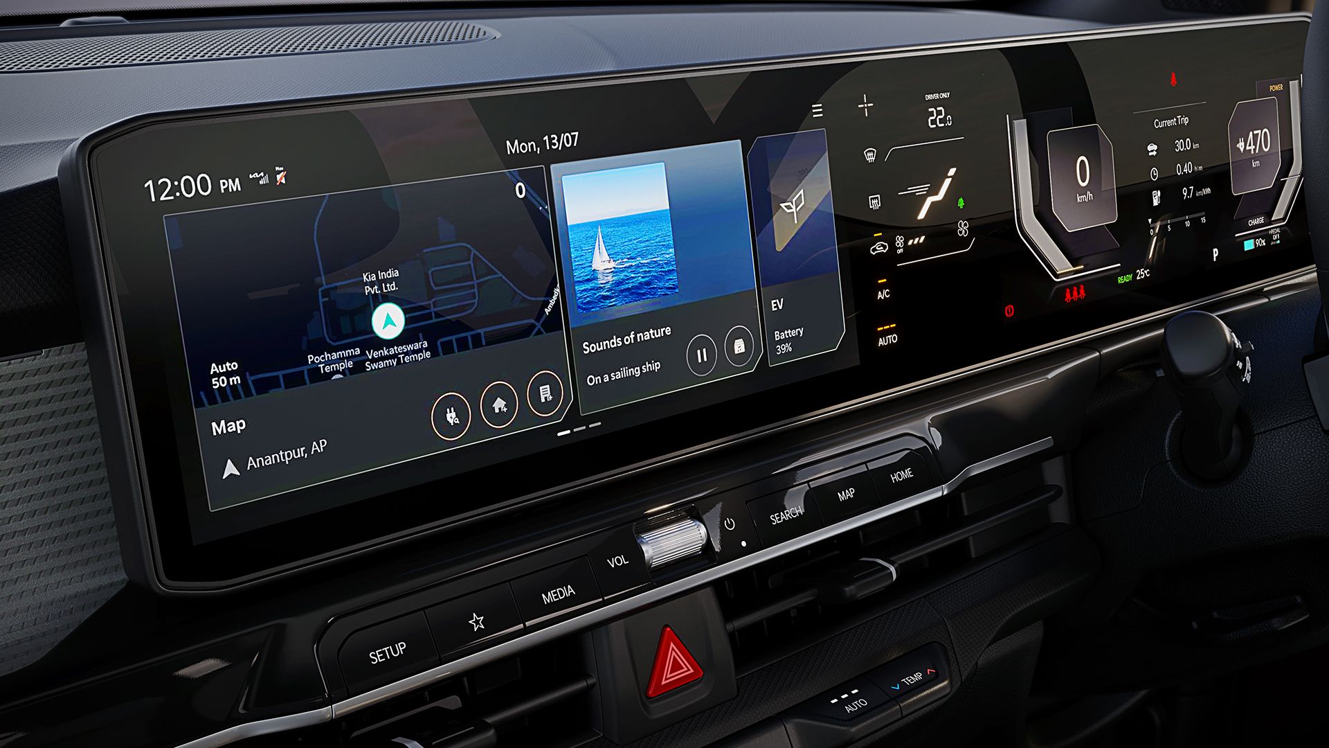 Kia Syros EV — 30-inch Trinity panoramic display keeps navigation, media and drive data at a glance