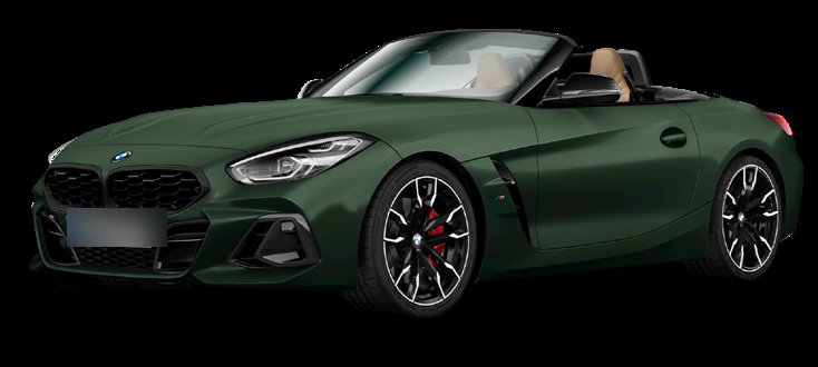 BMW Z4 — BMW Z4 M40i Pure Impulse Edition: two-seat soft-top roadster shown with the roof lowered, M double-spoke light-alloy wheels, red M Sport brake calipers and full-LED headlights.