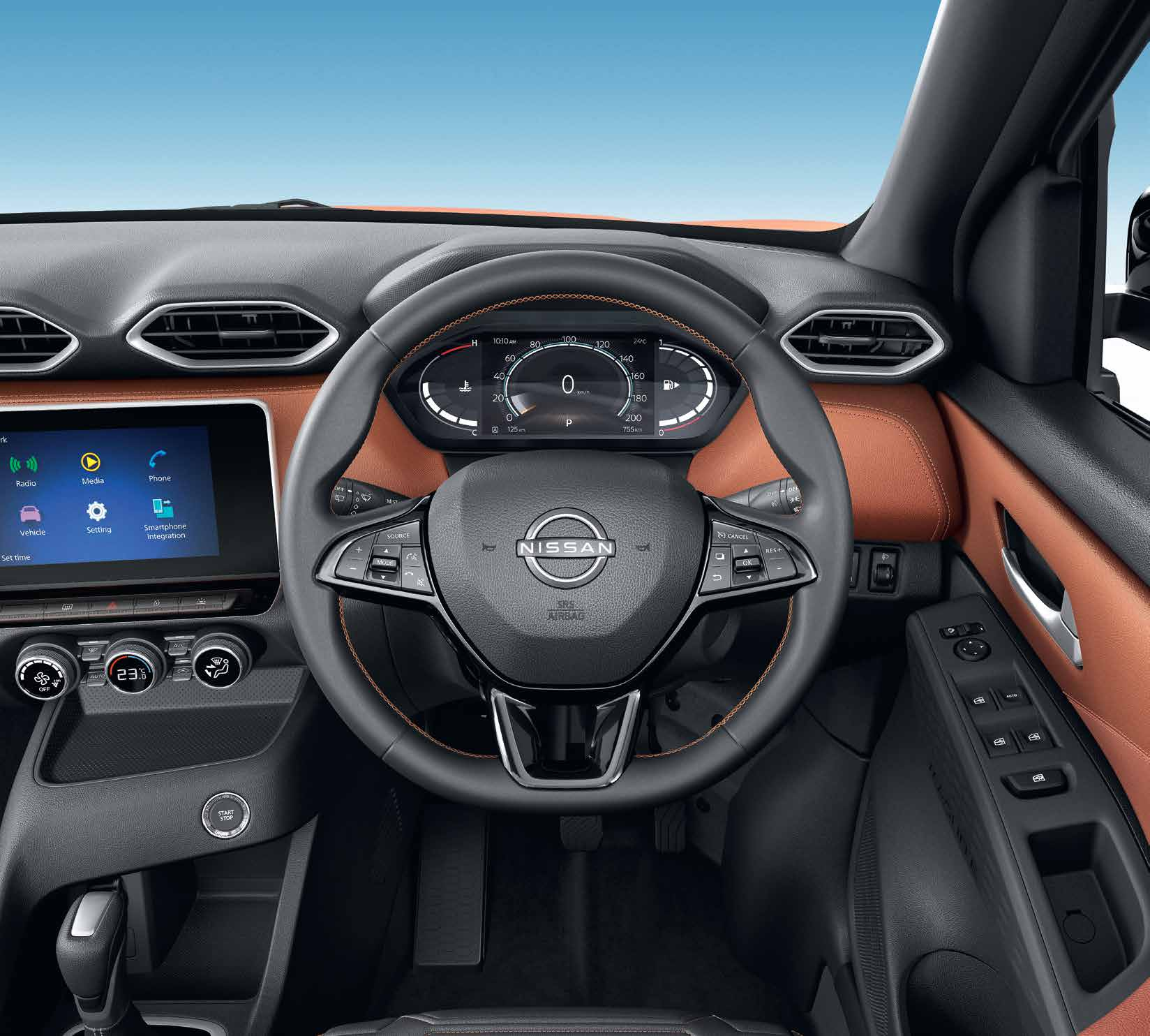 Nissan Magnite — Driver cockpit with digital instrument cluster and floating touchscreen infotainment.