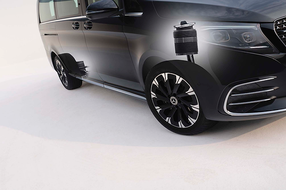 Mercedes-Benz V-Class, AIRMATIC air suspension with adaptive damping, shown with the front air strut; vehicle level adjusts automatically with speed.