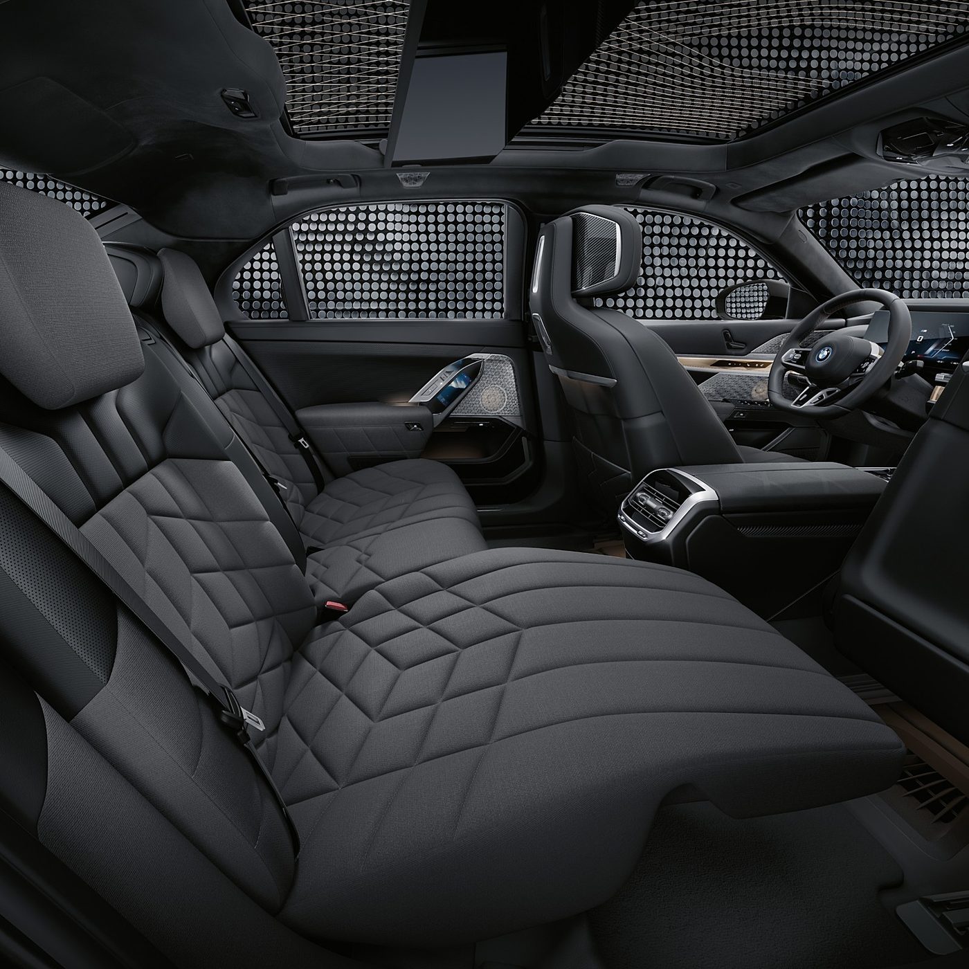 BMW i7 Executive Lounge rear seat reclined with the footrest extended