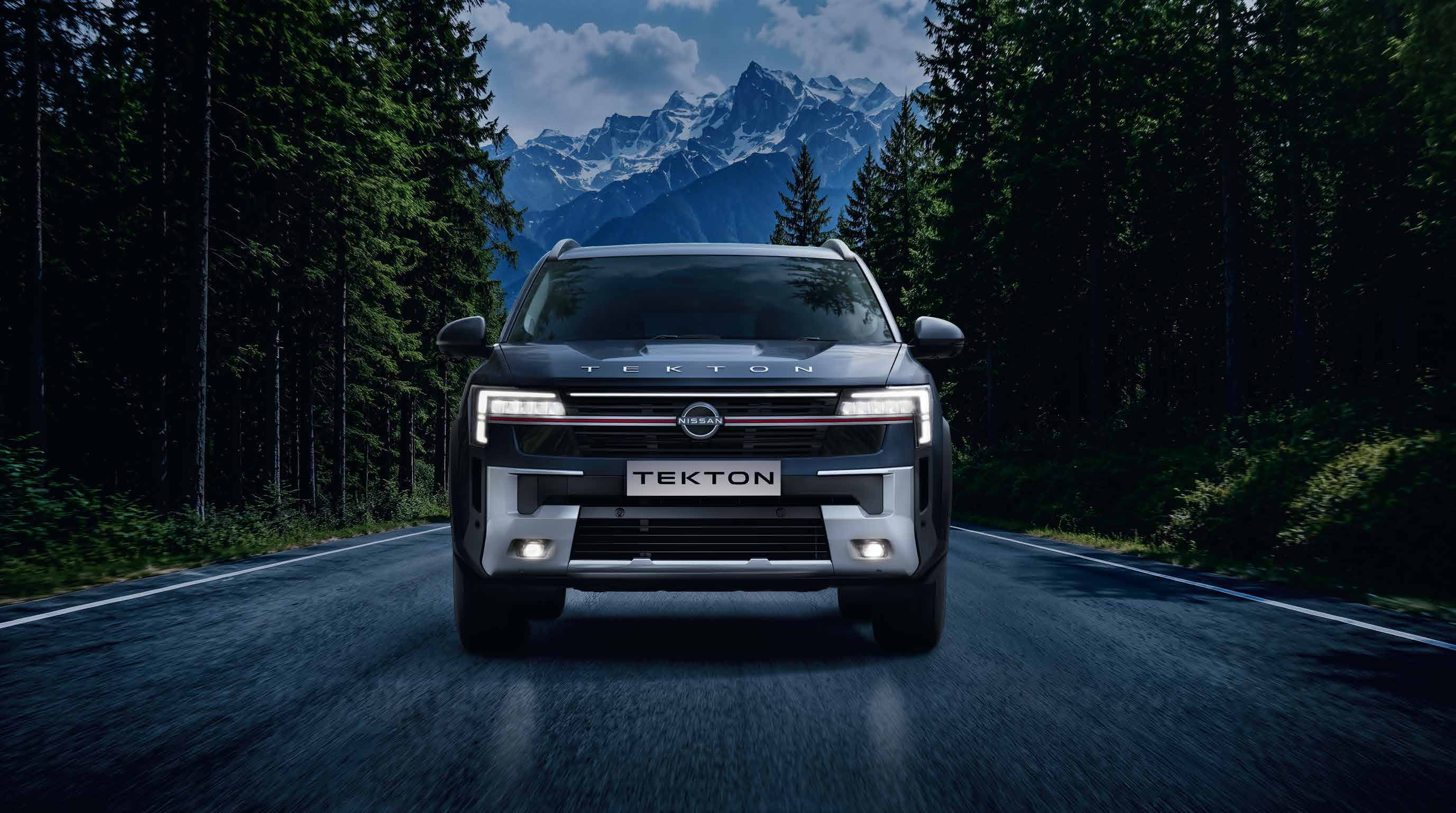 Nissan Tekton — Matrix Vision LED headlamps with signature C-shaped DRLs and a full-width crimson grille accent