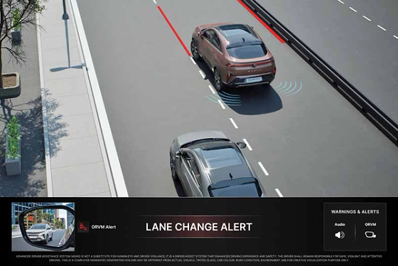 Tata Curvv, Lane Change Alert warns of potential collisions from vehicles when switching lanes.