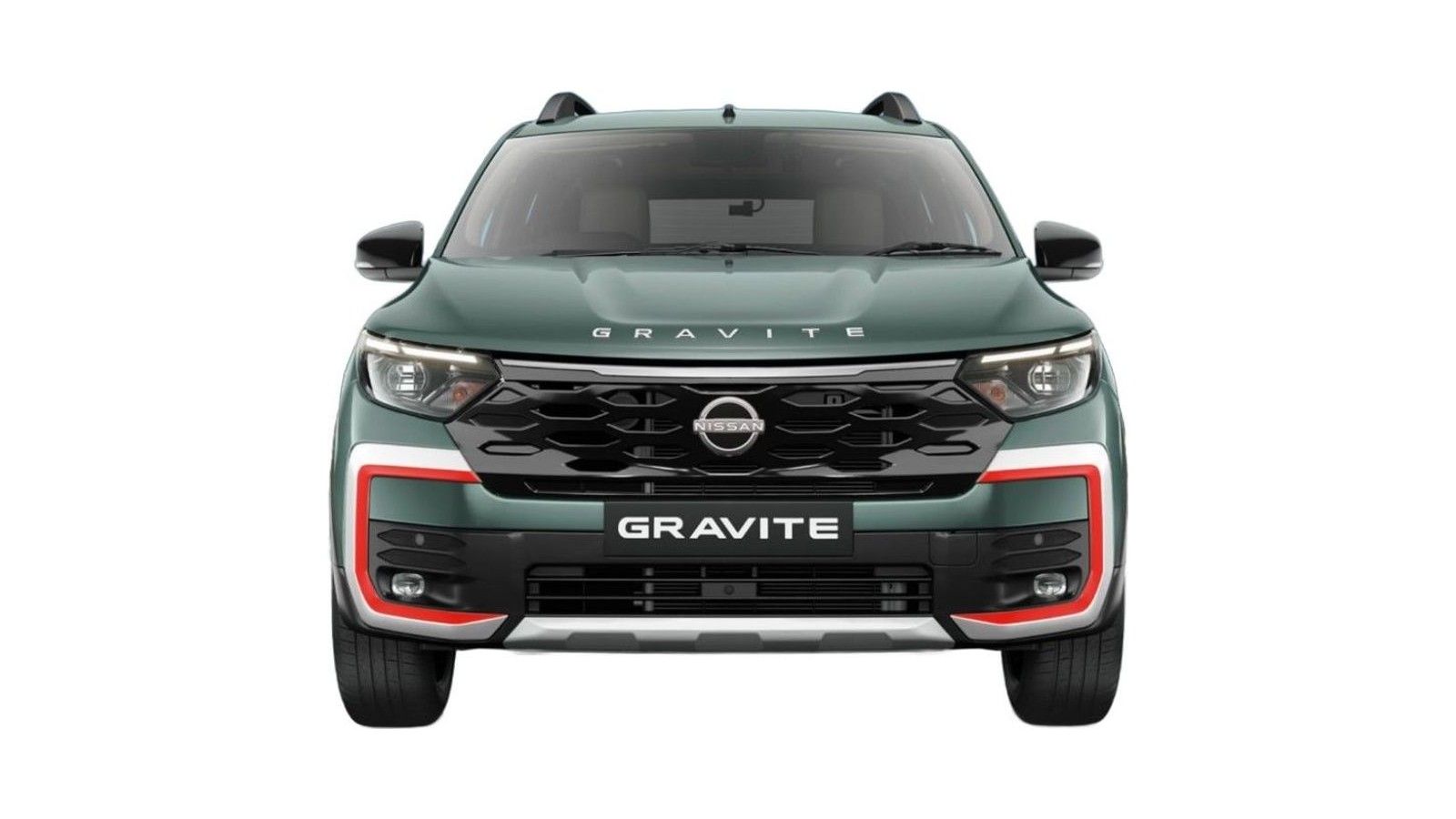 Nissan Gravite SUV front view with green body and red accents on bumper.