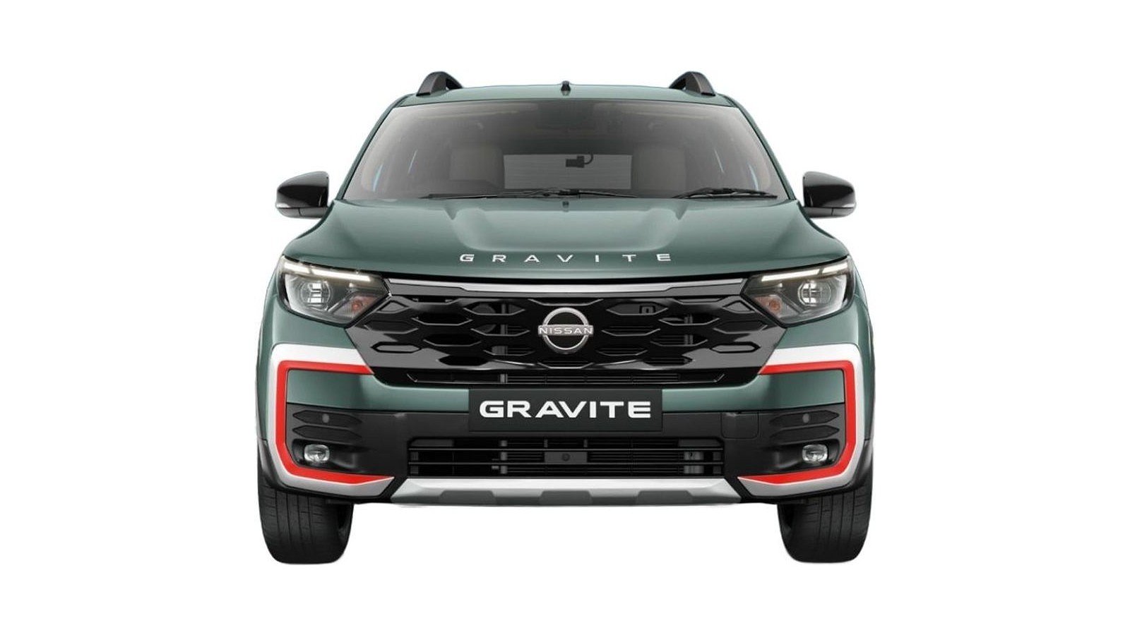 Nissan Gravite SUV front view with green body and red accents on bumper.