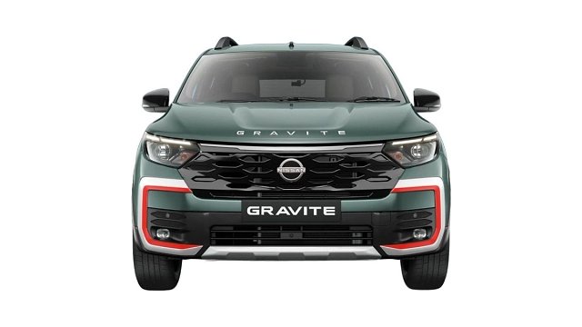 Nissan Gravite SUV front view with green body and red accents on bumper.