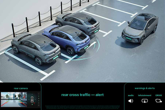 Tata Curvv EV, Rear Cross Traffic Alert warns of vehicles crossing behind while reversing