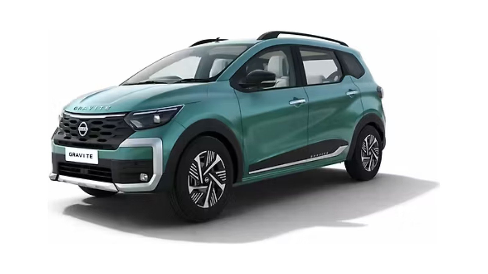 Teal compact SUV with black roof rack, shown from side angle against white background.
