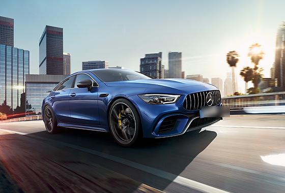 Mercedes-Benz Mercedes-AMG GT 63 S 4MATIC+, Front three-quarter view with the AMG-specific Panamericana vertical-slat grille and A-wing front apron