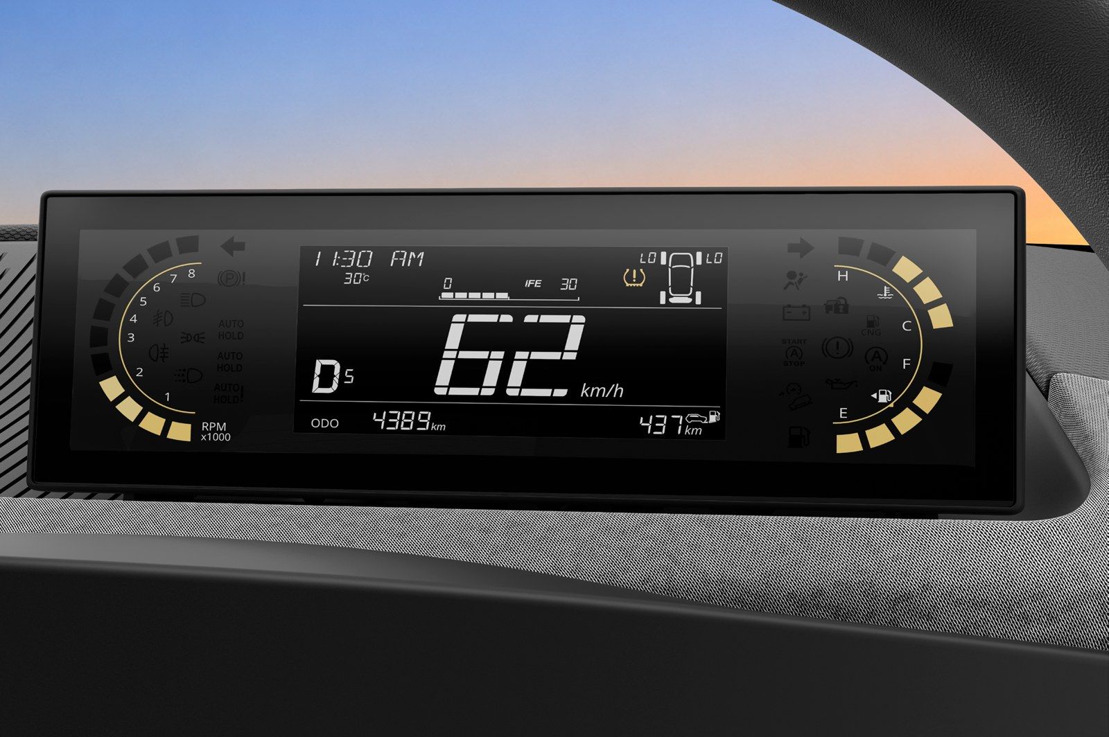 Tata Aeris, Digital Island cluster showing speed, gear and tyre-pressure readouts