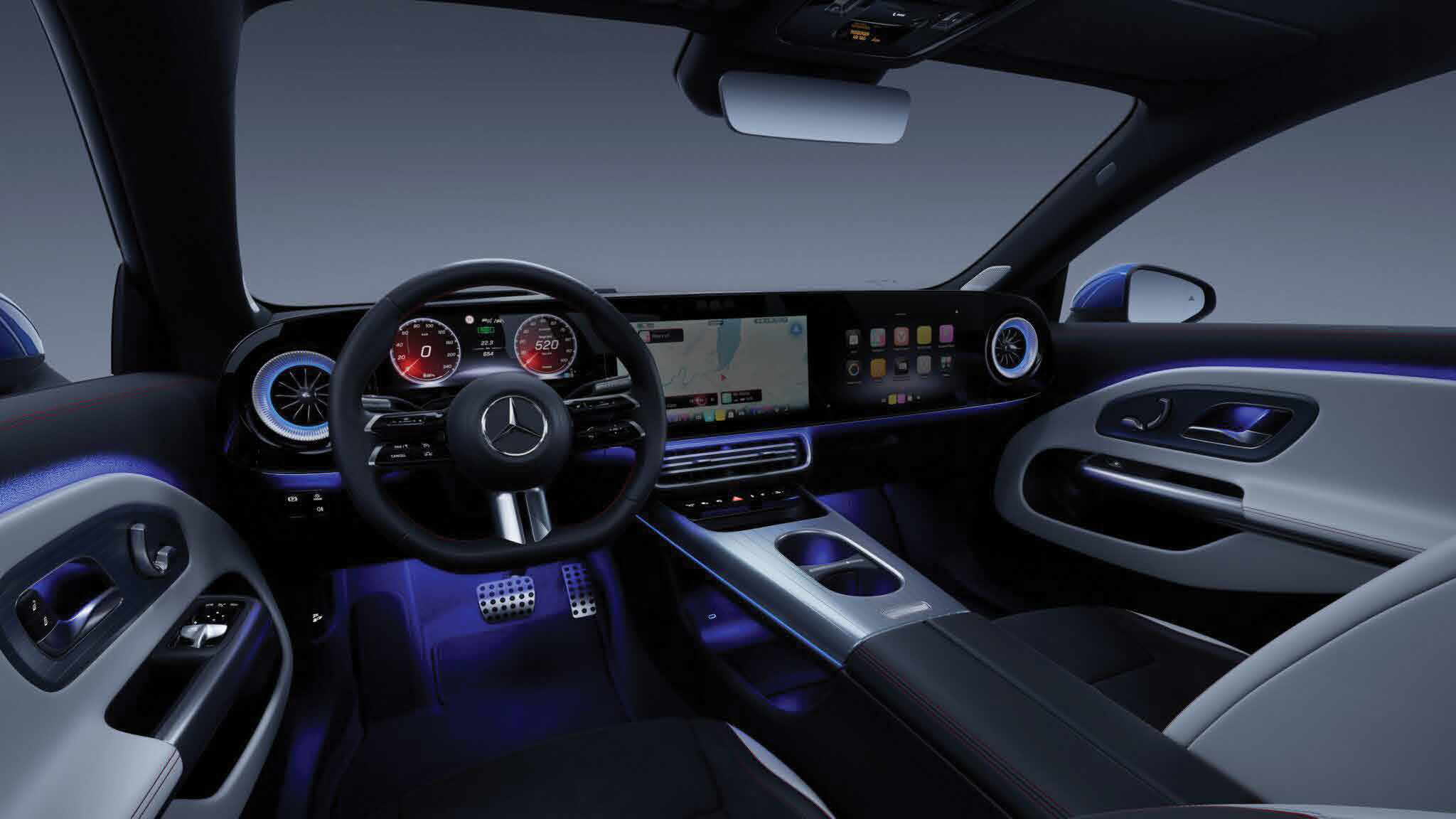 Mercedes-Benz CLA Electric — Cabin with 64-colour configurable ambient lighting, shown in blue.