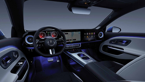 Mercedes-Benz CLA Electric, Cabin with 64-colour configurable ambient lighting, shown in blue.