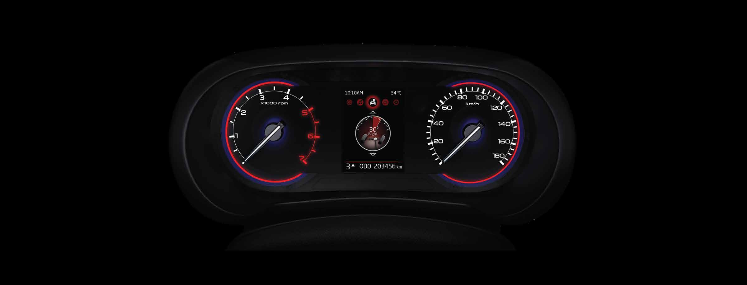 Mahindra Thar OG, Instrument cluster on a black background: analogue tachometer and speedometer either side of a small colour display show