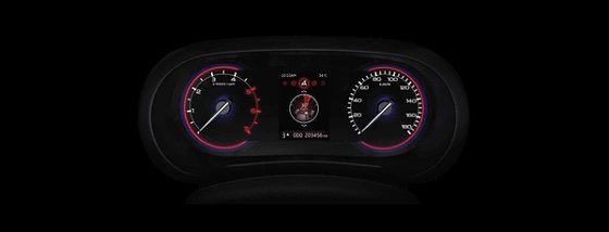 Mahindra Thar OG, Instrument cluster on a black background: analogue tachometer and speedometer either side of a small colour display show