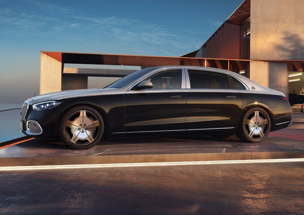 Mercedes-Benz Mercedes-Maybach S-Class — Long-wheelbase Mercedes-Maybach S-Class in profile, with two-tone paintwork, chrome window surround and the Maybach emblem on the C-pillar.