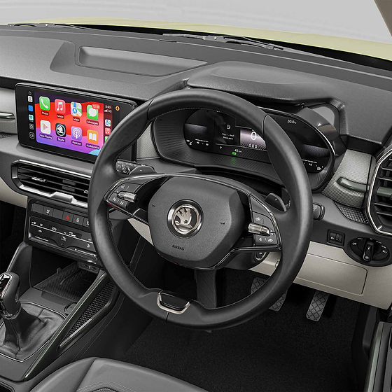 Skoda Kylaq, 25.6 cm touchscreen infotainment with leather multifunction steering wheel and paddle shifters