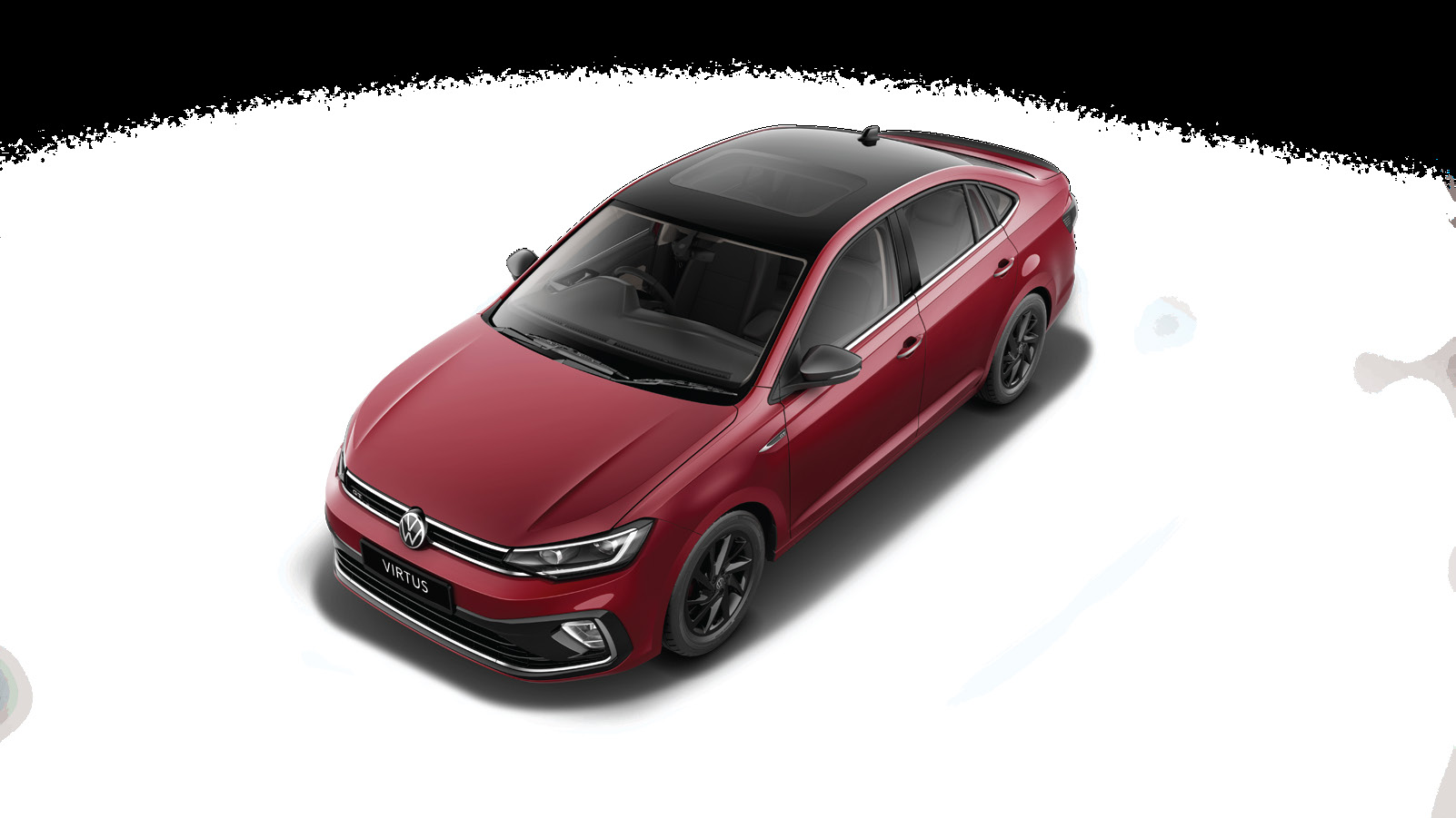 Volkswagen Virtus — Top view highlighting the electric sunroof and the coupe-like sloping roofline.