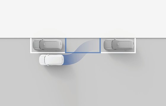 Volvo EX30, Overhead illustration of blind-spot and lane-change assistance detecting vehicles in the adjacent lane.