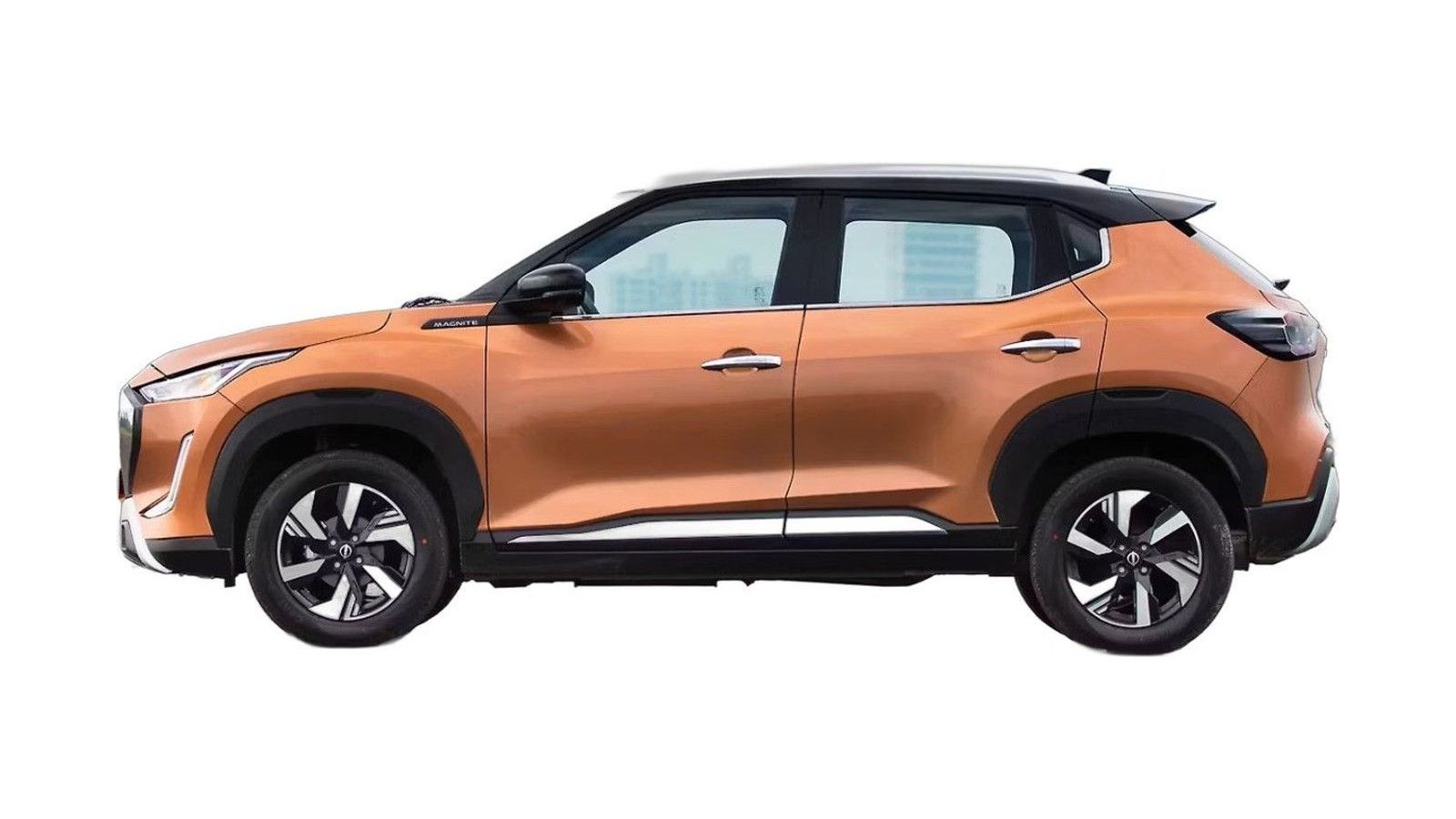 Orange compact SUV photographed from the side against a white background.
