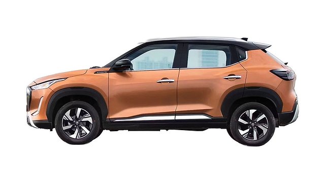 Orange compact SUV photographed from the side against a white background.