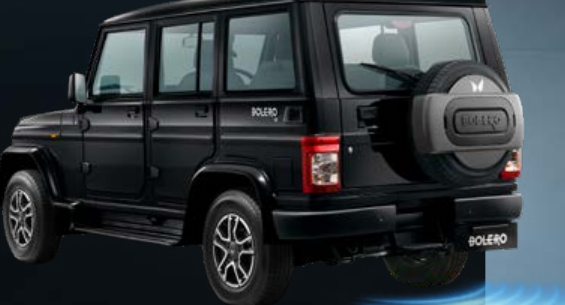 Mahindra Bolero — Tailgate-mounted spare wheel with hard cover