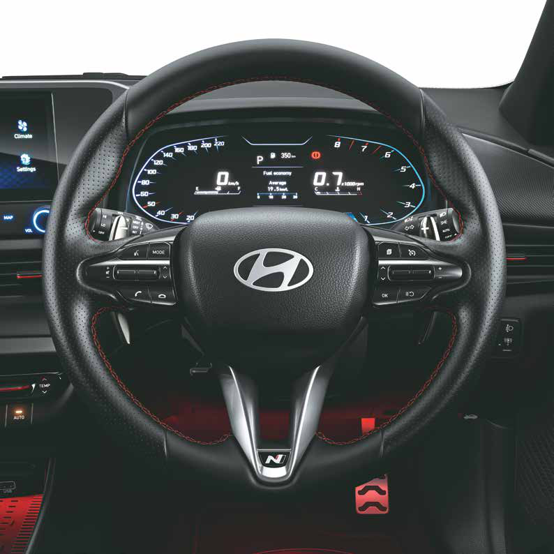 Hyundai i20 N Line — Leather-wrapped 3-spoke steering wheel with N logo and paddle shifters