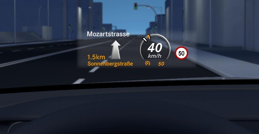 Mercedes-Benz Mercedes-AMG GT 63 S E Performance — Head-up display projecting navigation and speed onto the windscreen.