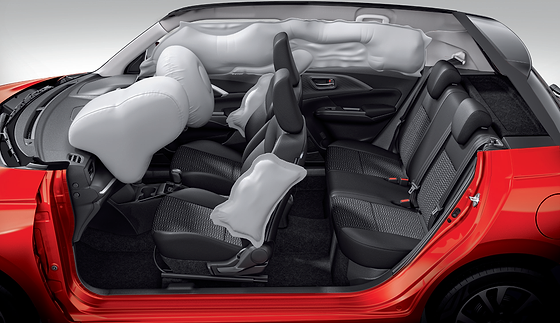 Maruti Suzuki Swift, Six airbags standard, shown deployed across front, side and curtain positions