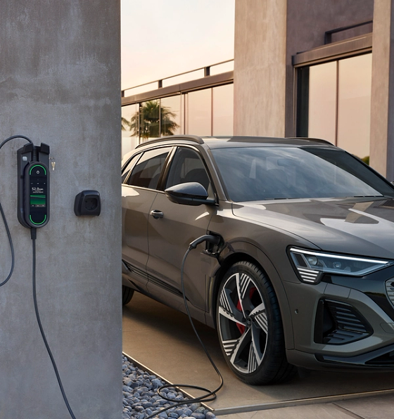 Audi Q8 e-tron, Home AC charging using the compact charging system, with the charge port on the front wing.