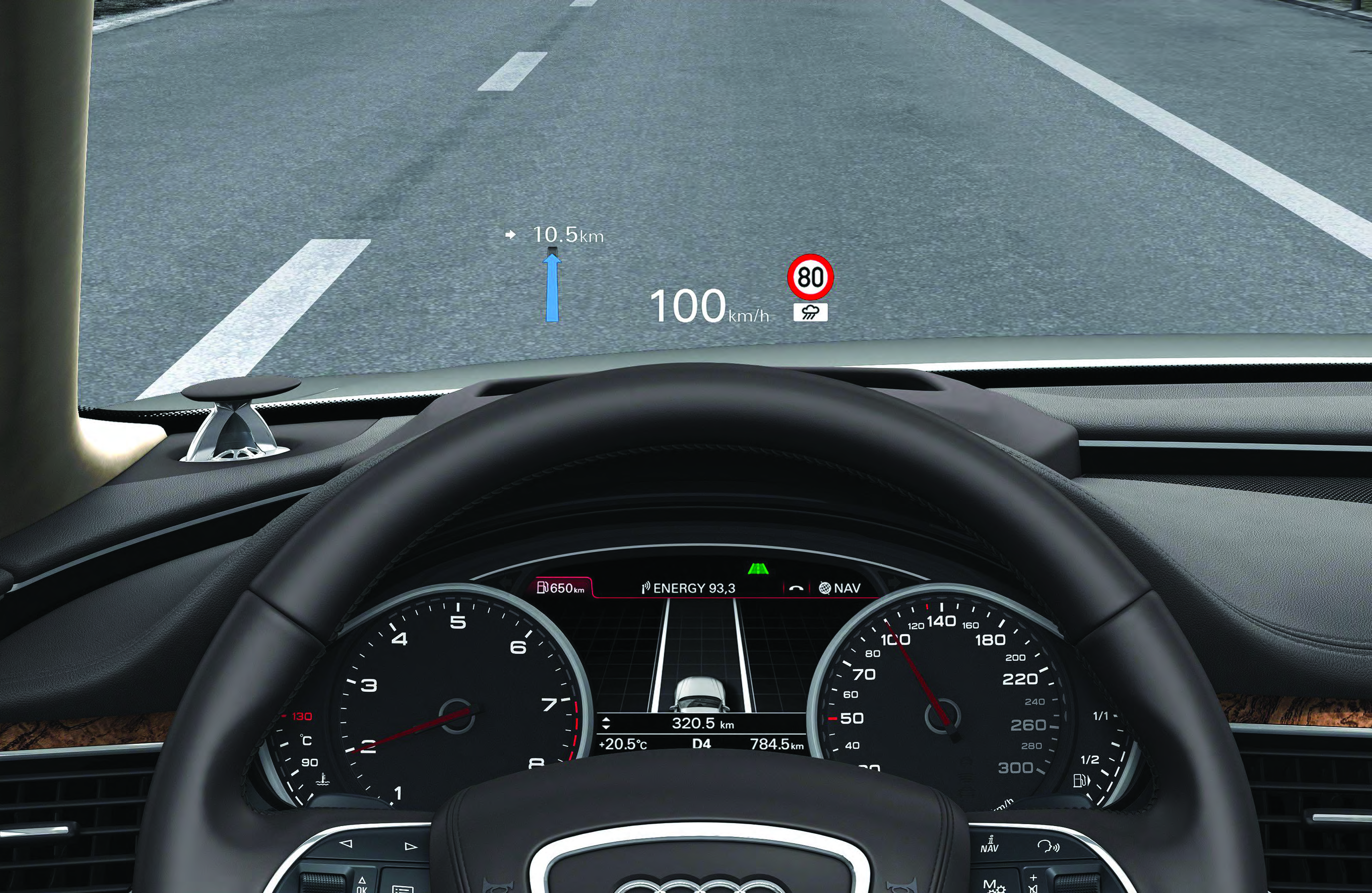 Audi RS Q8 Performance — Colour Head-up Display projecting speed and navigation onto the windscreen
