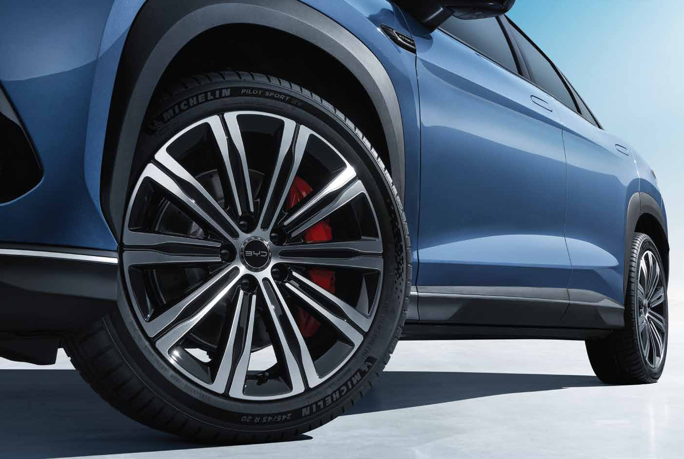 BYD Sealion 7 — 20-inch machined alloy wheel with red brake caliper on a Michelin Pilot Sport tyre.