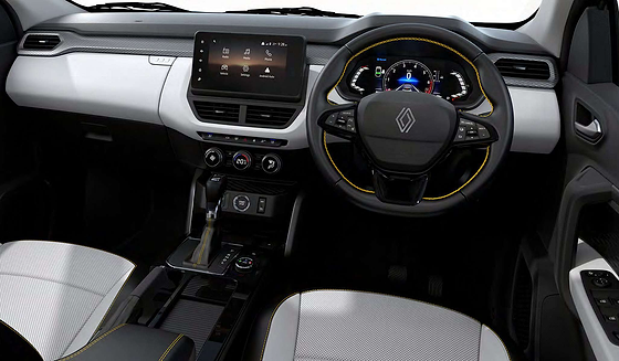 Renault Kiger, 20.32 cm touchscreen with wireless Apple CarPlay and Android Auto set in a dual-tone dashboard.
