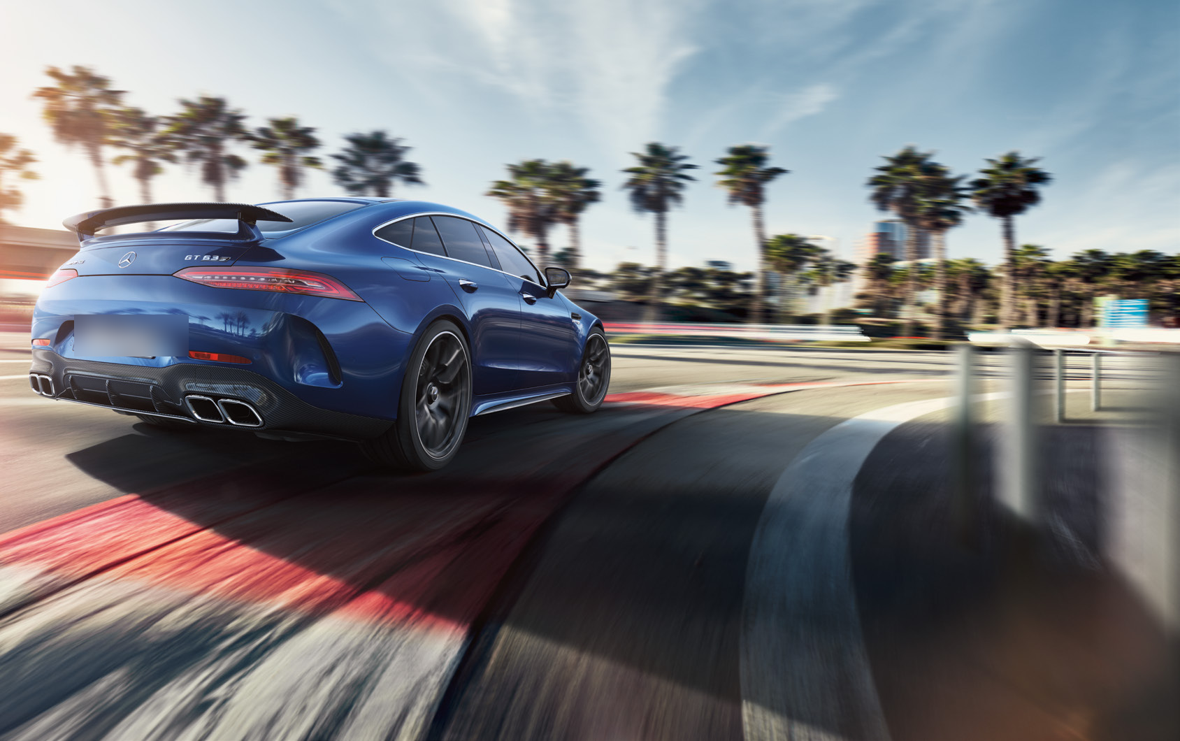 Mercedes-Benz Mercedes-AMG GT 63 S 4MATIC+ — Rear styling with fixed boot-lid spoiler, diffuser and quad round tailpipes