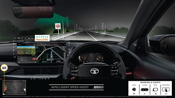 Tata Safari, Intelligent Speed Assist reads map and traffic-sign speed limits (ADAS Level 2+)