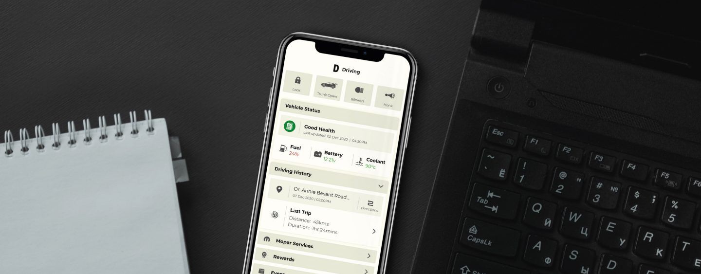 Jeep Compass — Connected-car smartphone app for remote lock, vehicle health checks and trip history.