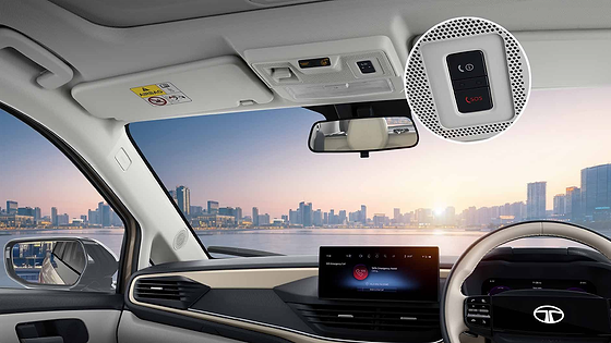 Tata Altroz, Roof-console SOS button for E-Call emergency and B-Call breakdown assistance, shown calling Tata Emergency Assist on the touchscreen