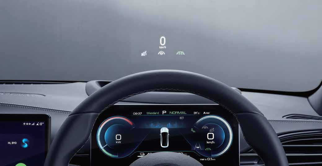 BYD Seal — Windshield head-up display projecting speed and drive info above a digital driver cluster.