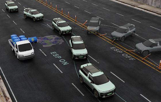 Tata Sierra EV, ESP ON vs OFF: the Electronic Stability Program holds the intended line around a road hazard, part of a 20-feature safety suite