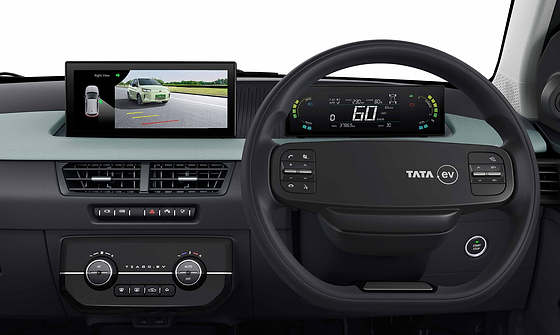 Tata Tiago EV, Blind View Monitor shows a live blind-spot camera feed on the touchscreen