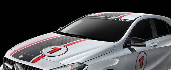 Mercedes-Benz Mercedes-AMG A45 S, Mercedes-Benz Sport decal kit with bonnet racing stripes and roundel graphics.