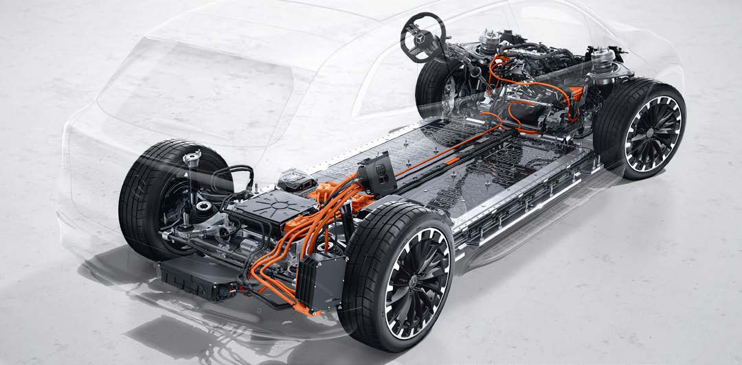 Mercedes-Benz EQS SUV — Cutaway of the electric platform with the lithium-ion high-voltage battery mounted flat in the floor between the axles