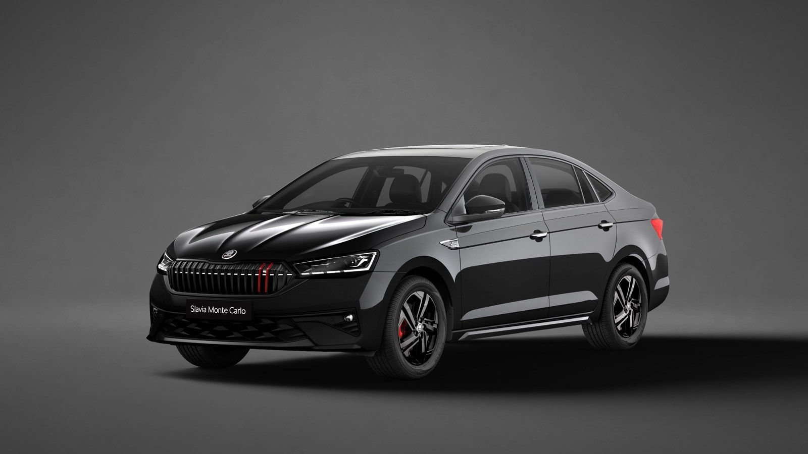Skoda Slavia, Monte Carlo in Deep Black with the blacked-out grille and red accents