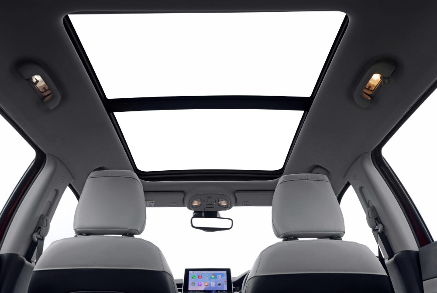 Jeep Meridian — Panoramic sunroof viewed from the cabin, opening the roof over the front row.
