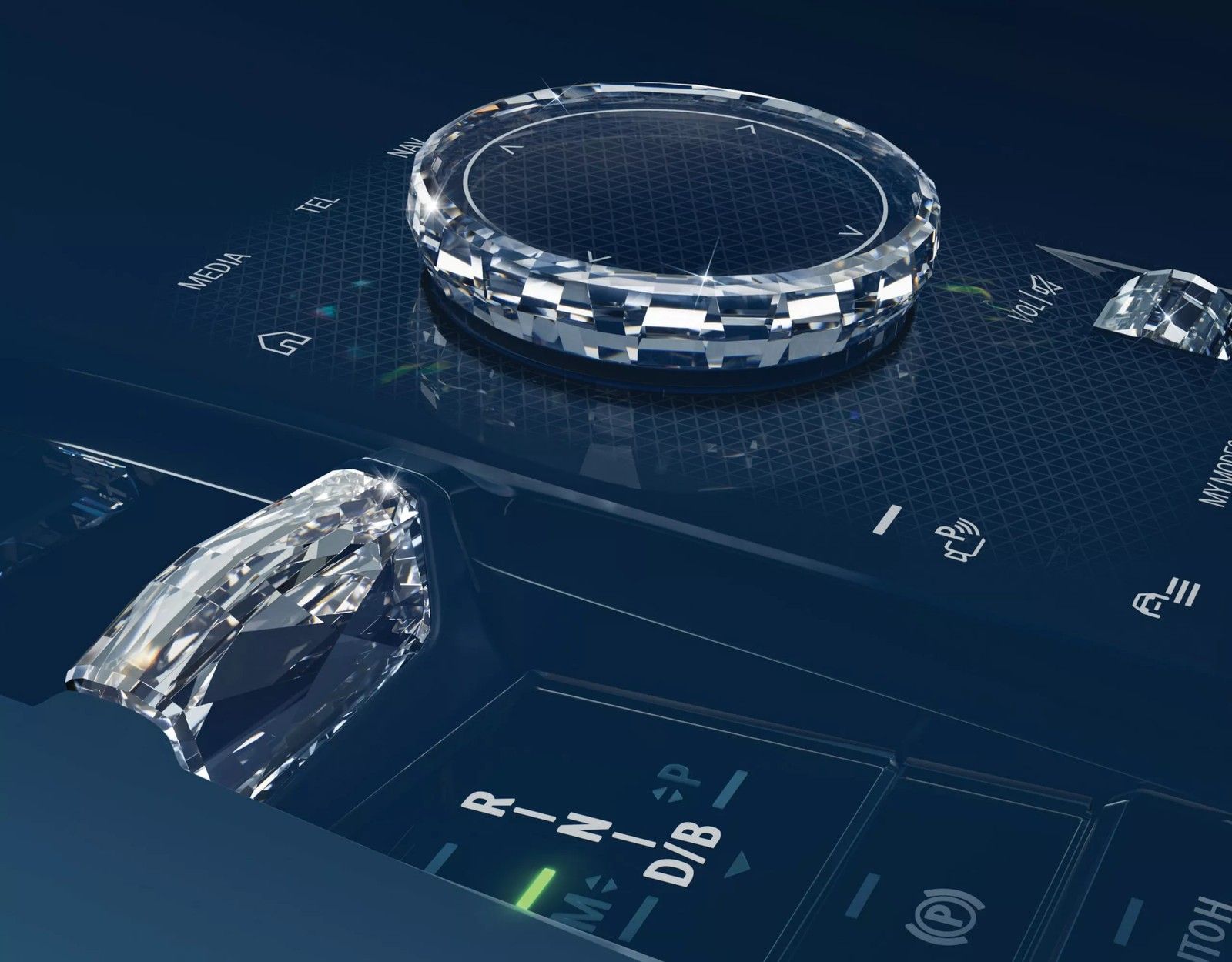 BMW i5 LWB — Crafted Clarity glass controls for the iDrive controller, gear selector and start button.