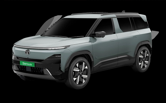 Tata Sierra EV, Upright SUV silhouette with a full-width LED light bar, flush door handles, blacked-out pillars and aero-styled alloy wheels